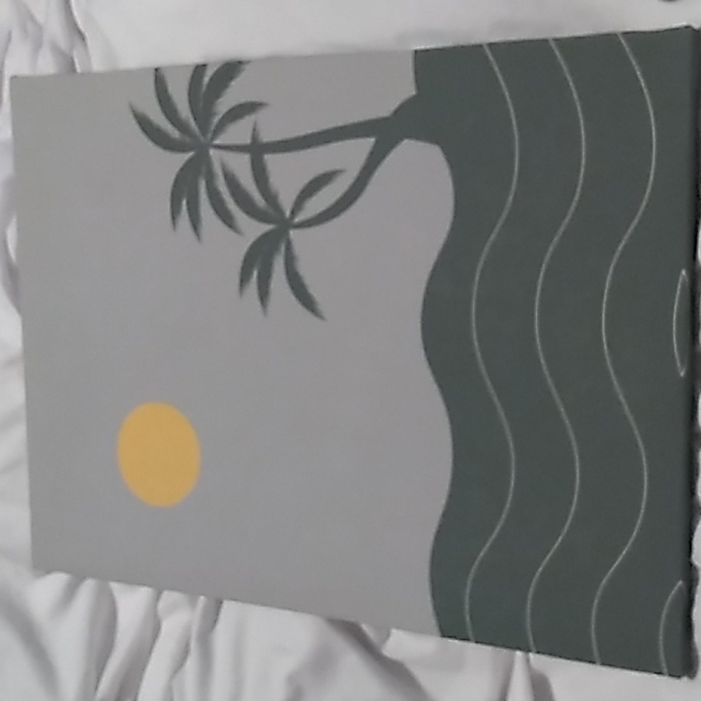 Ready to hang art 12 x 16 inches Beach Themed gray, green & yellow Palms Spring